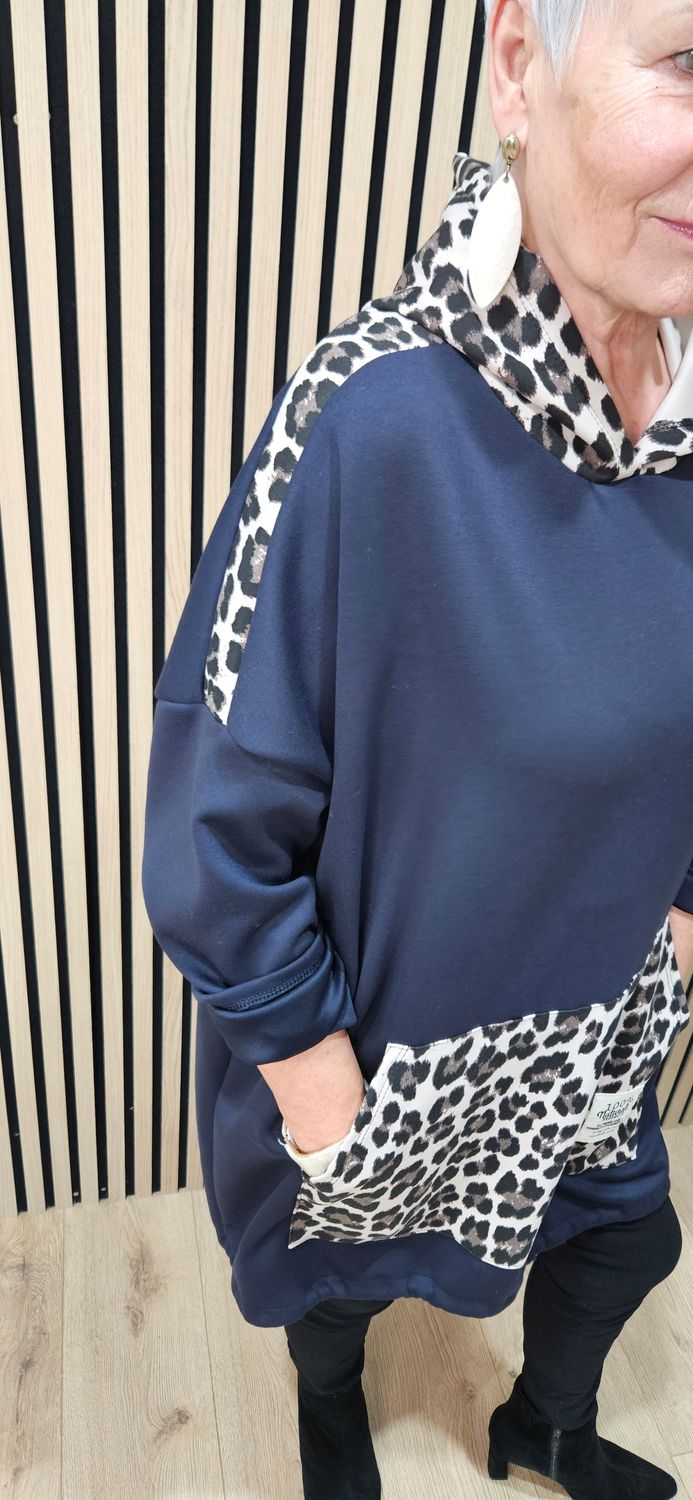 Leopard Detail Drawstring Hoodie - Navy