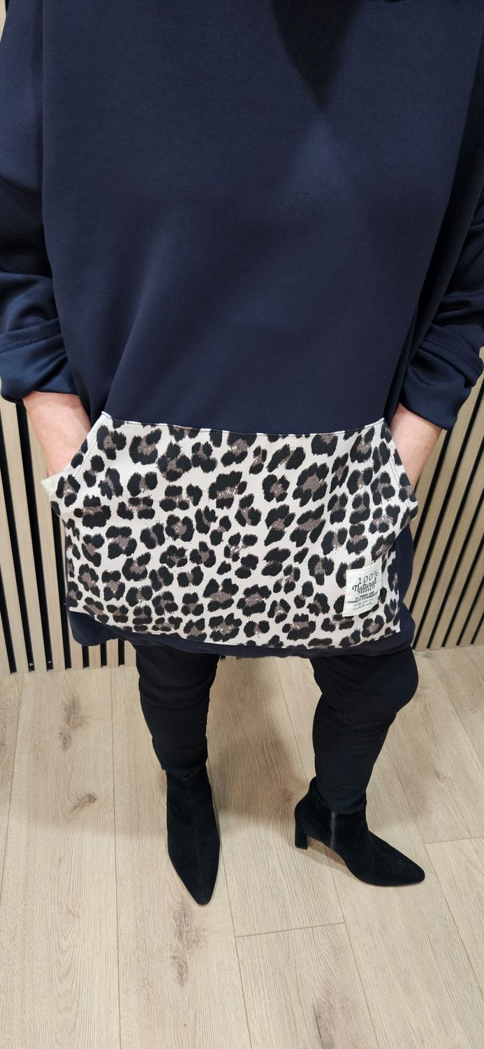 Leopard Detail Drawstring Hoodie - Navy
