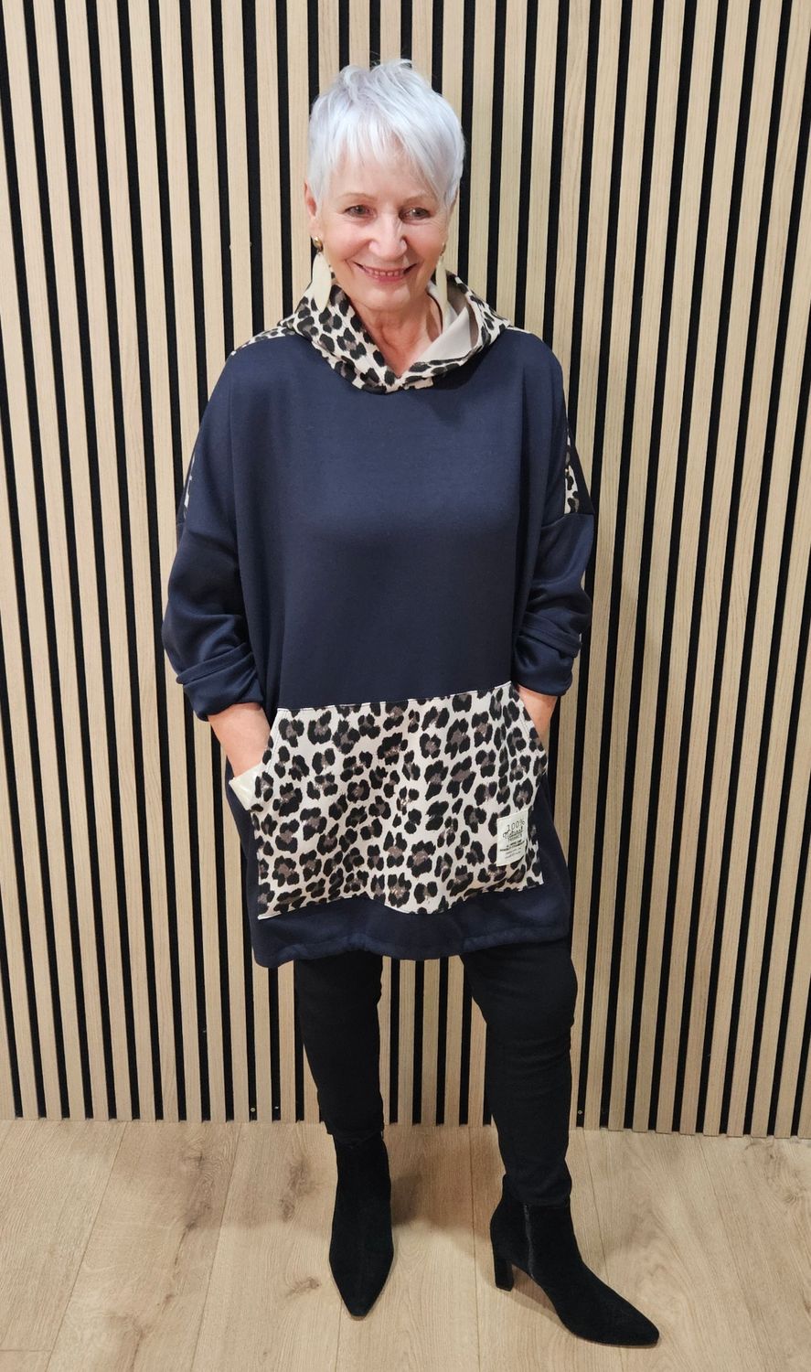 Leopard Detail Drawstring Hoodie - Navy