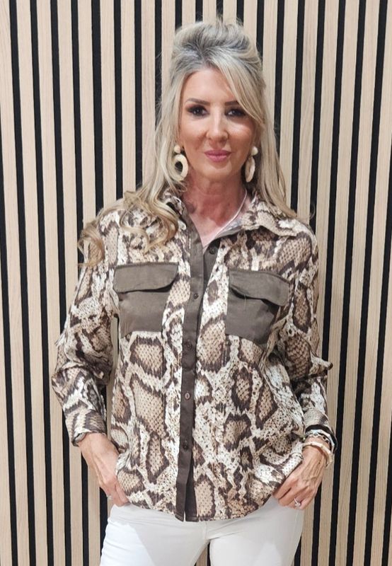 Snake Print Metallic Detail Shirt - Brown/Cream