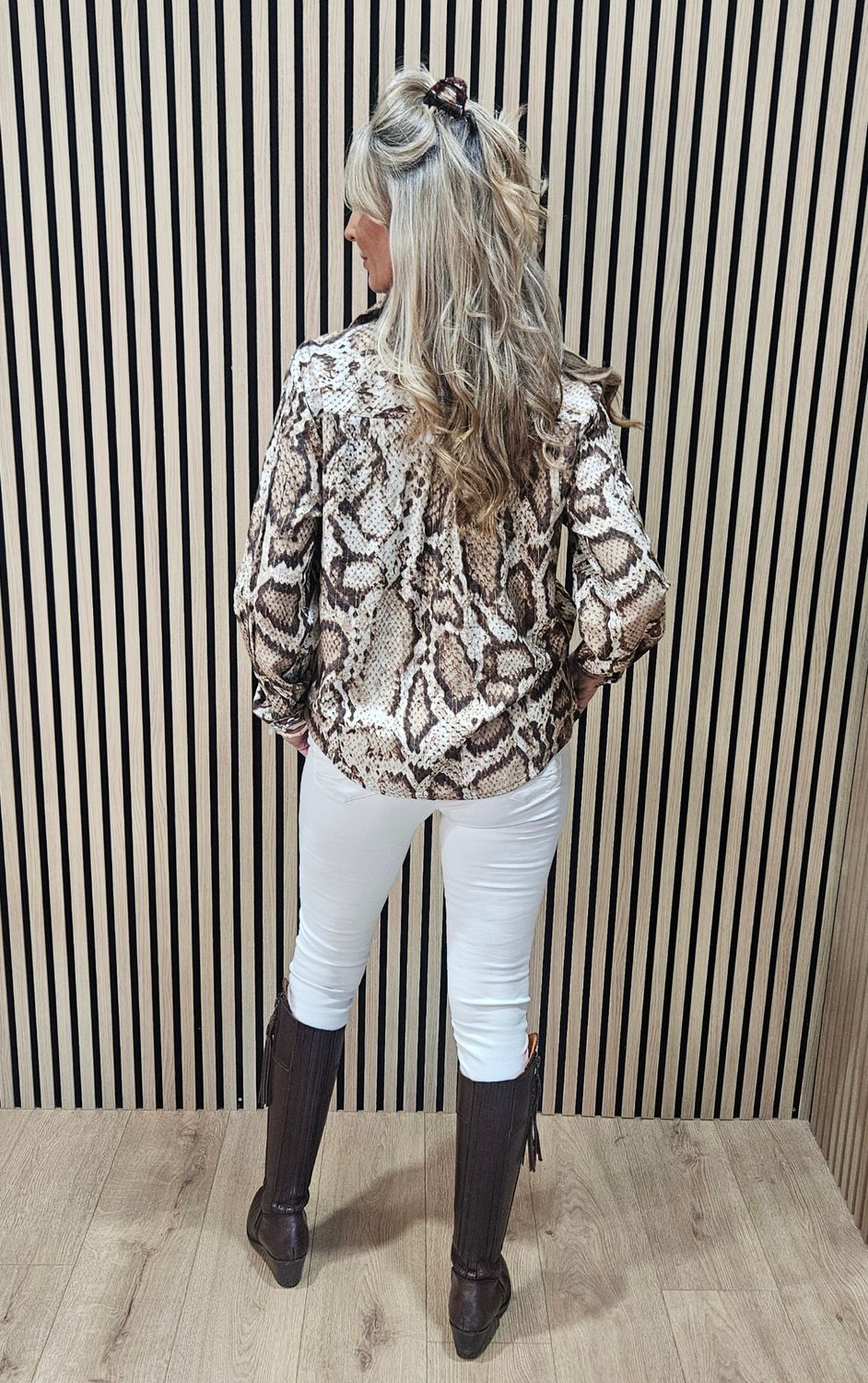 Snake Print Metallic Detail Shirt - Brown/Cream