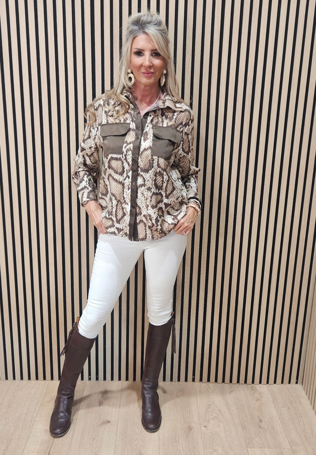 Snake Print Metallic Detail Shirt - Brown/Cream