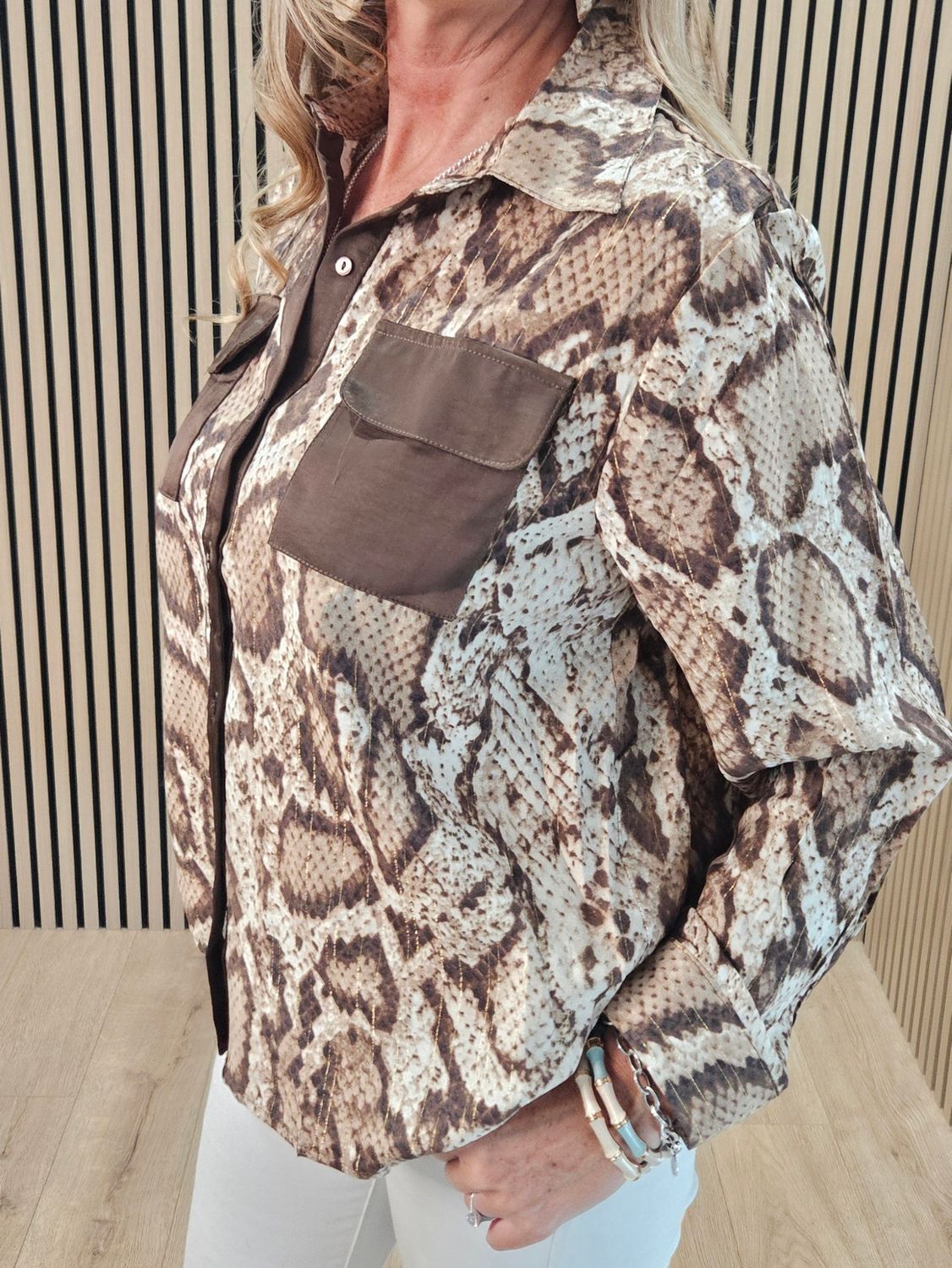 Snake Print Metallic Detail Shirt - Brown/Cream