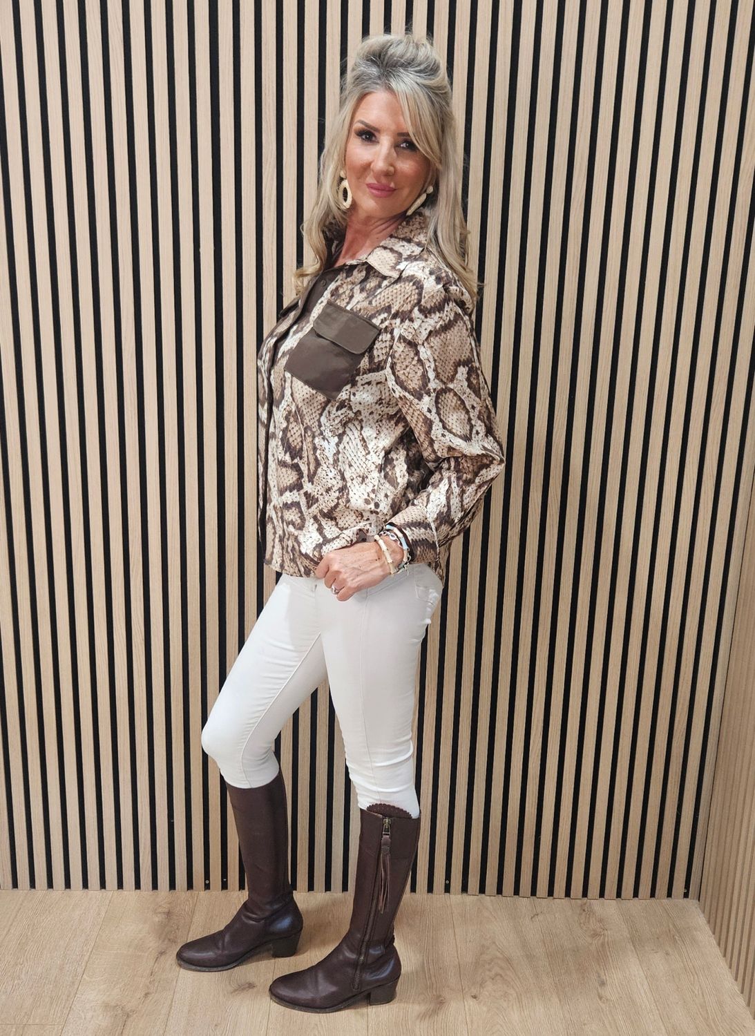 Snake Print Metallic Detail Shirt - Brown/Cream