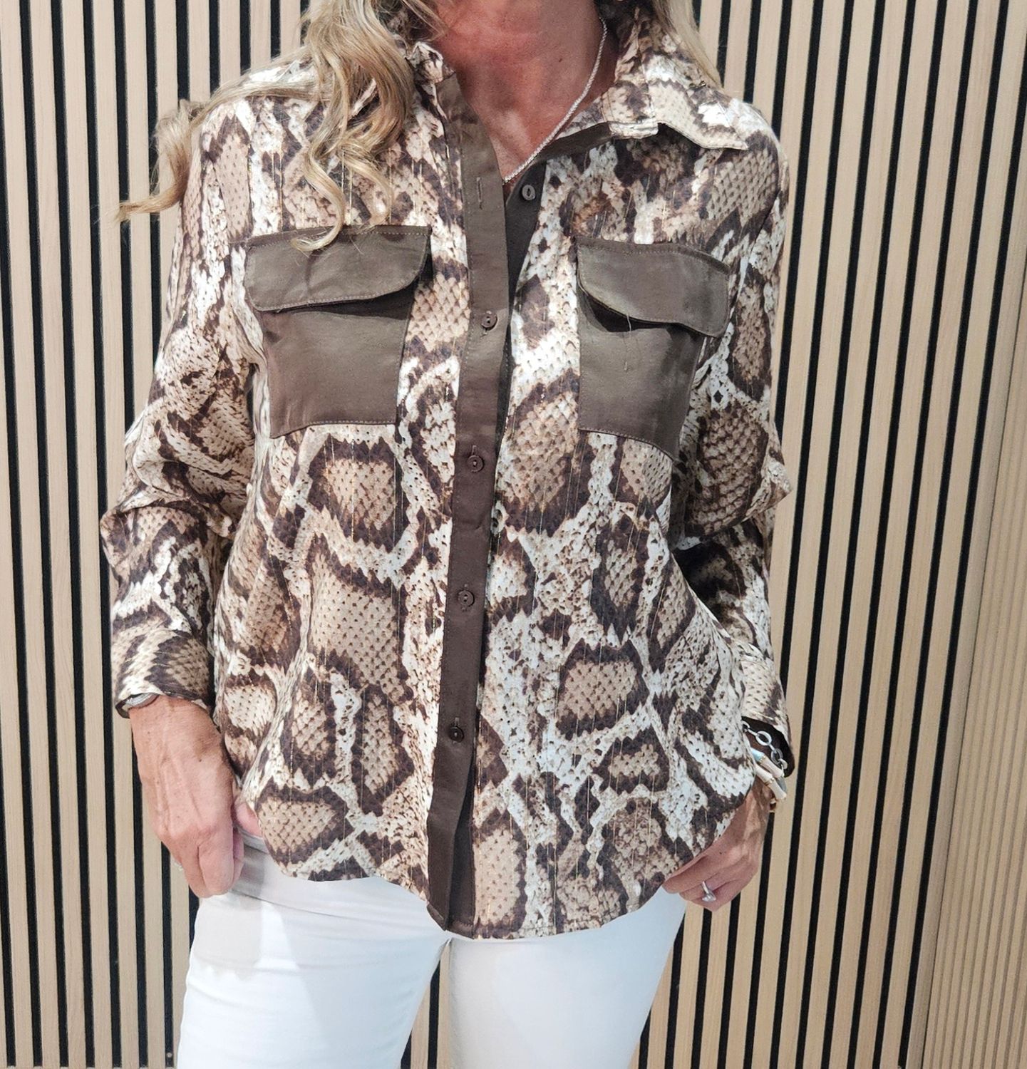 Snake Print Metallic Detail Shirt - Brown/Cream