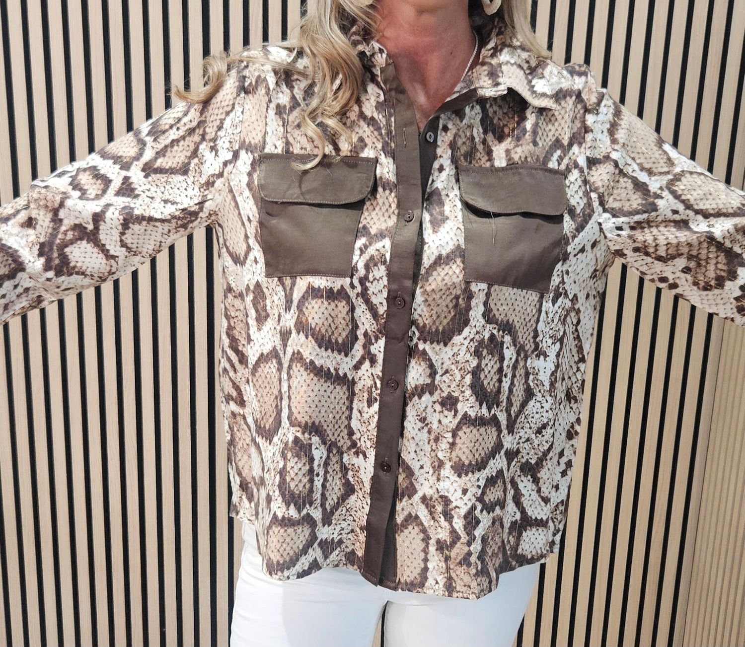 Snake Print Metallic Detail Shirt - Brown/Cream