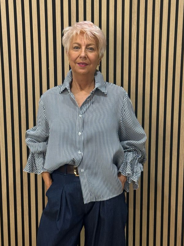 Statement Stripe Rose Sleeve Shirt - Navy Statement Stripe Rose Sleeve Shirt - Navy