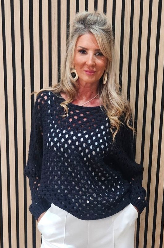 Open Knit Wool Blend Jumper – Navy