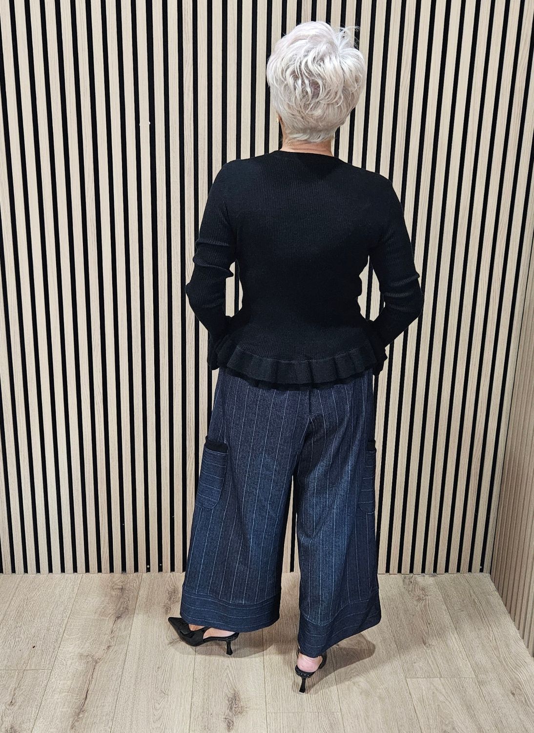 Pinstripe Herringbone Wide-Leg Trousers - Navy