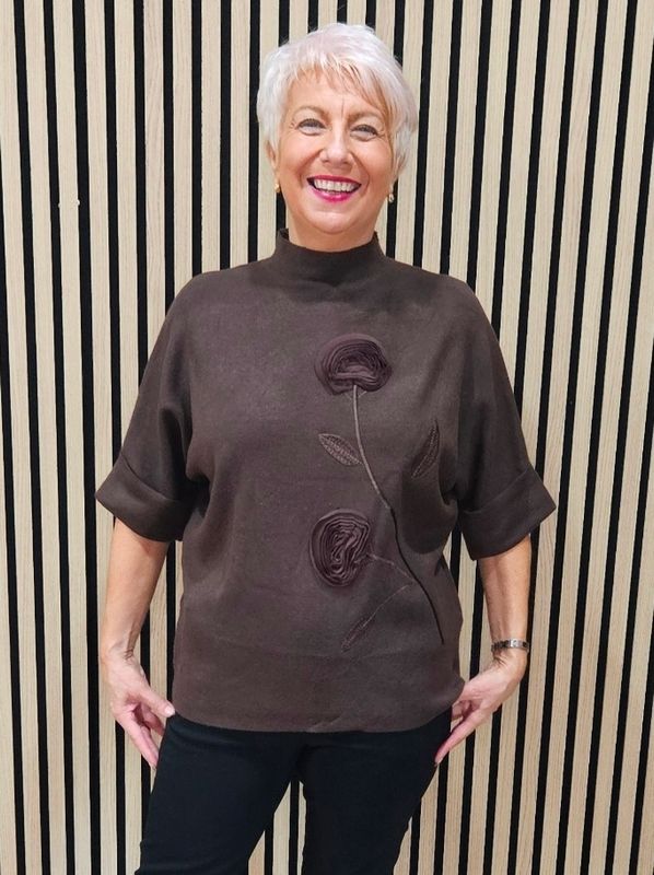 Floral Appliqué High-Neck Jumper – Chocolate Floral Appliqué High-Neck Jumper – Chocolate