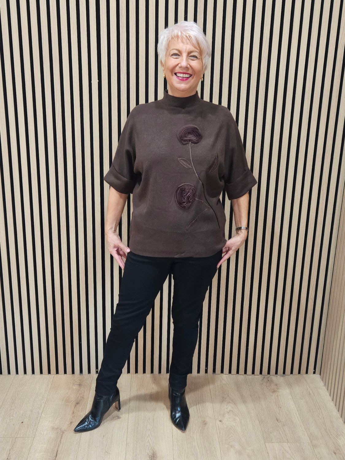 Floral Appliqué High-Neck Jumper – Chocolate