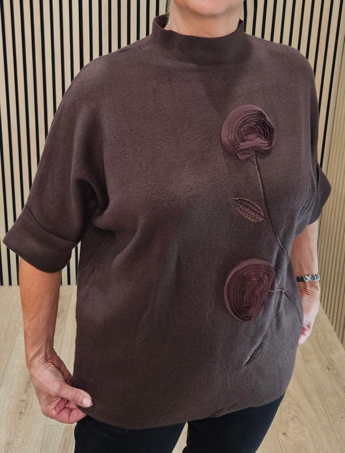 Floral Appliqué High-Neck Jumper – Chocolate