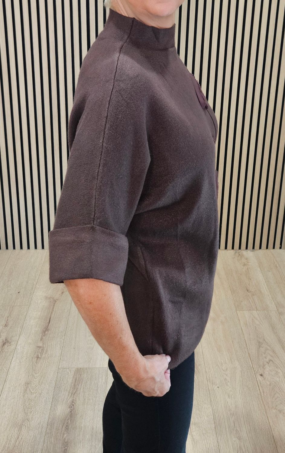 Floral Appliqué High-Neck Jumper – Chocolate