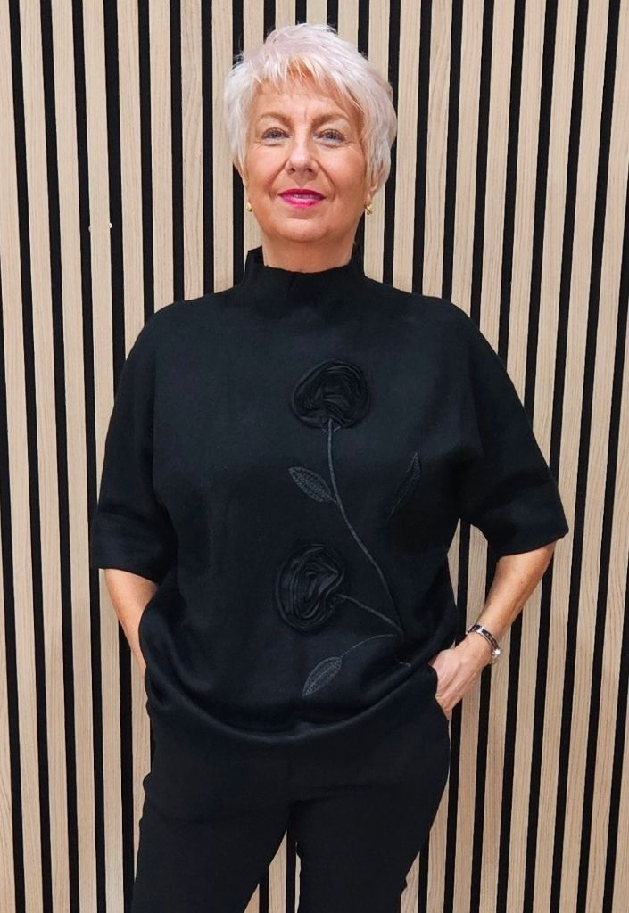 Floral Appliqué High-Neck Jumper – Black