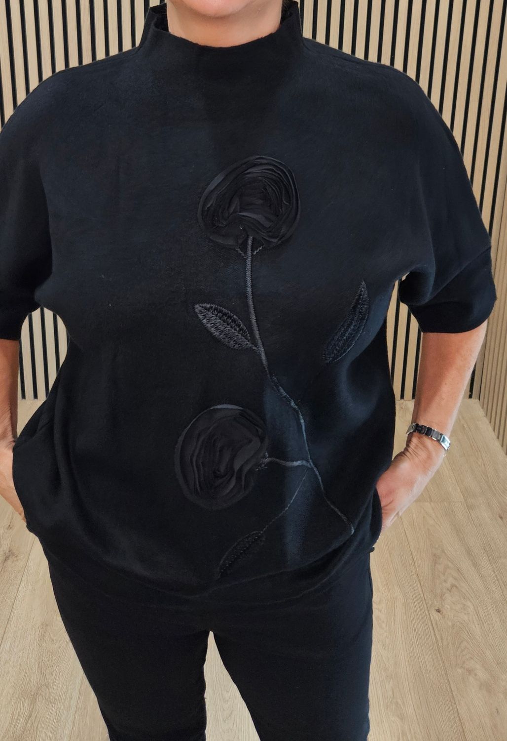 Floral Appliqué High-Neck Jumper – Black