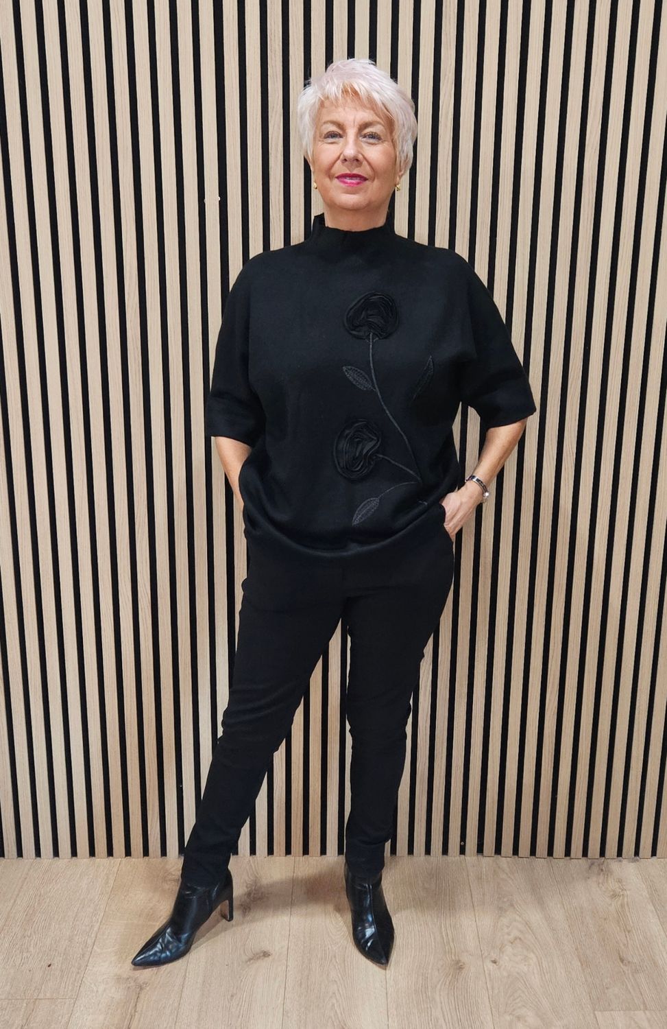 Floral Appliqué High-Neck Jumper – Black