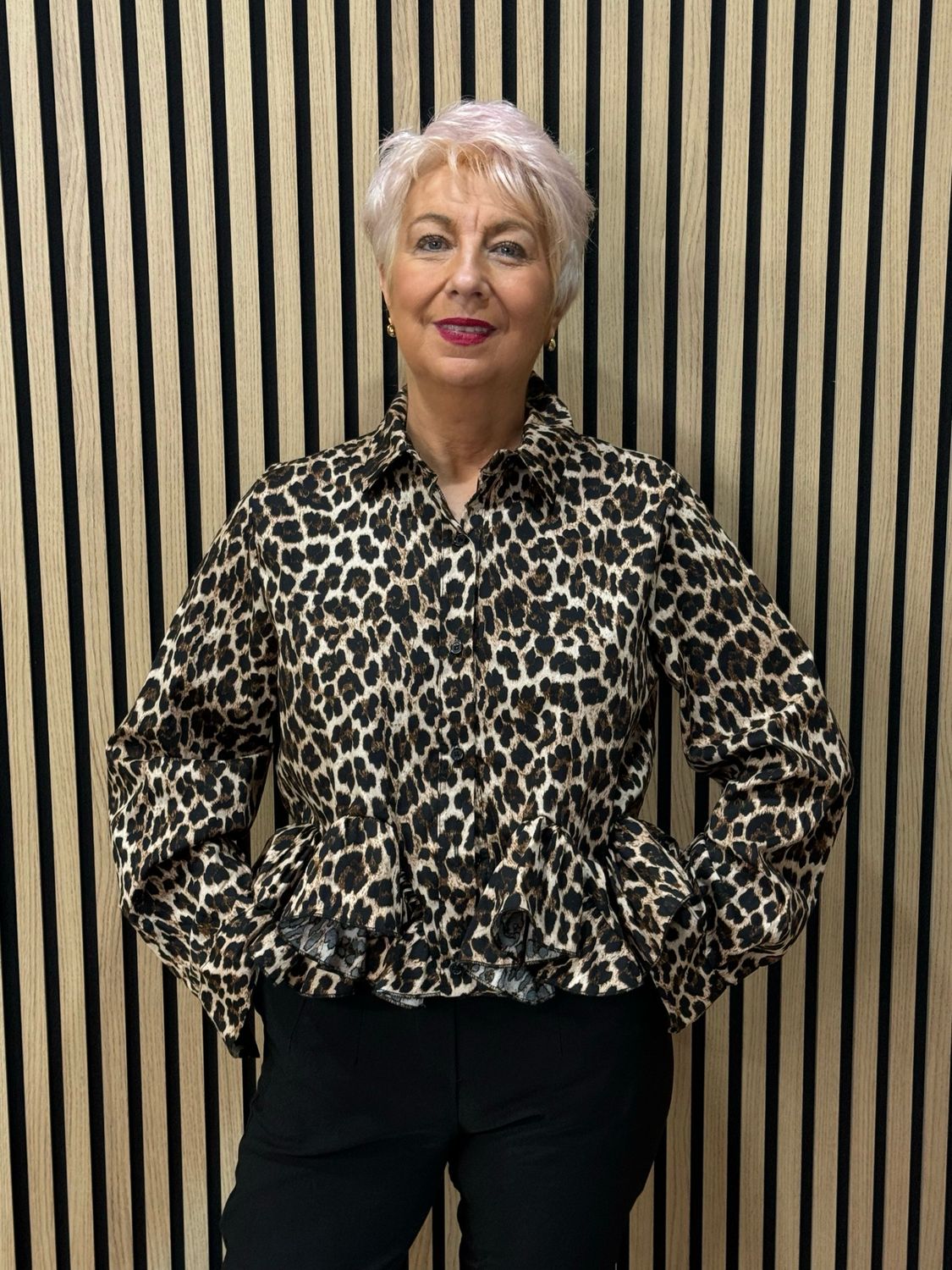 Leopard Print Frill Shirt - Brown/Black