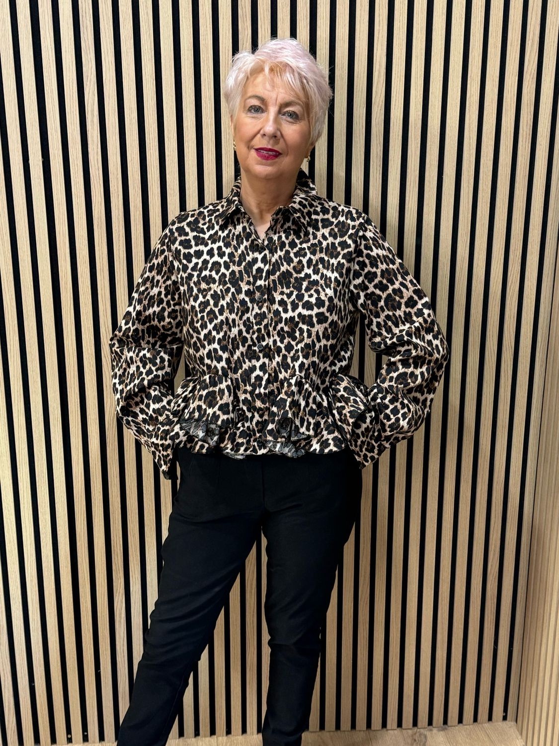 Leopard Print Frill Shirt - Brown/Black