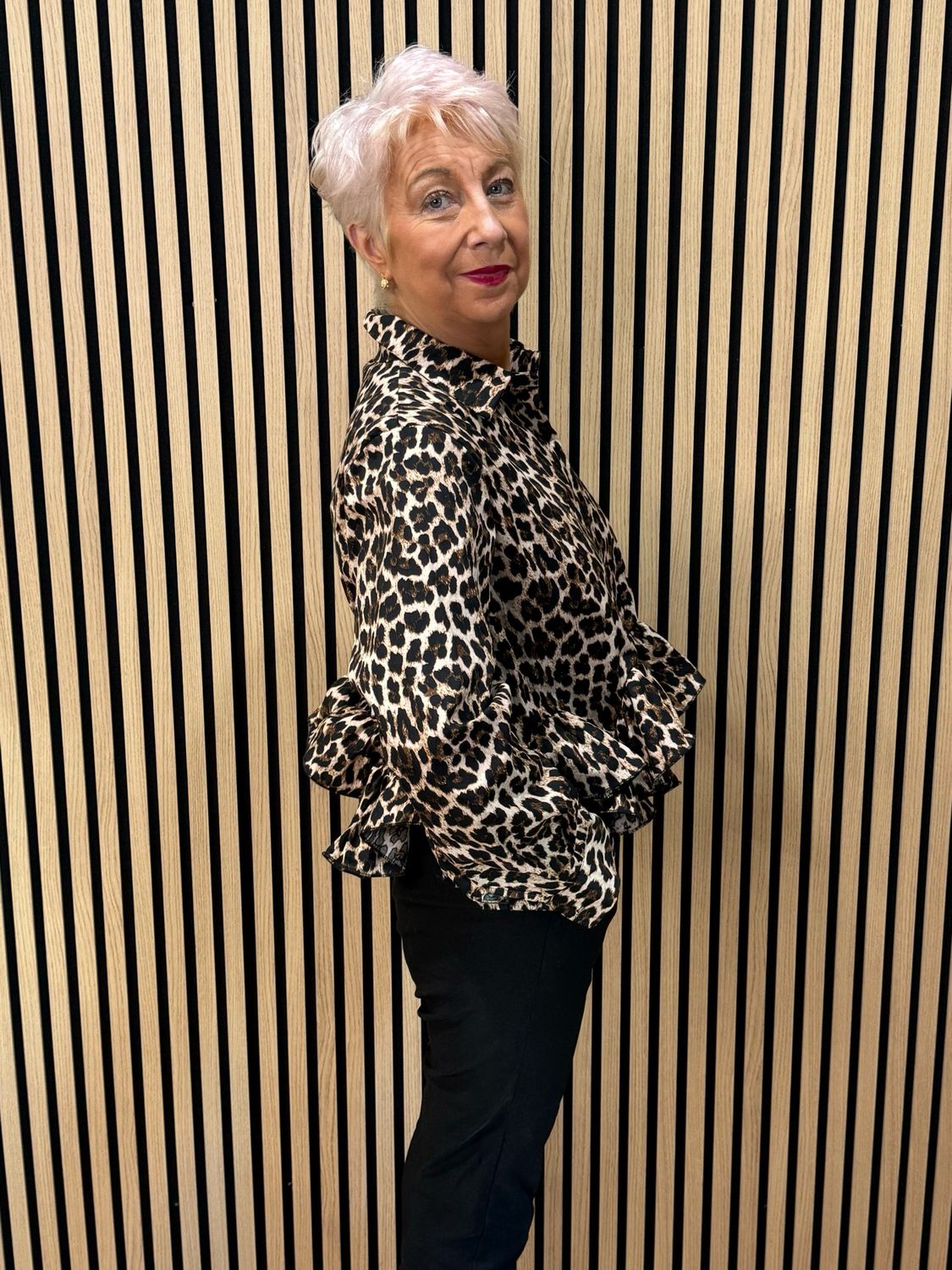 Leopard Print Frill Shirt - Brown/Black