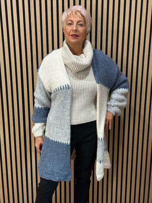 Patchwork Longline Cardigan - Blue/Cream