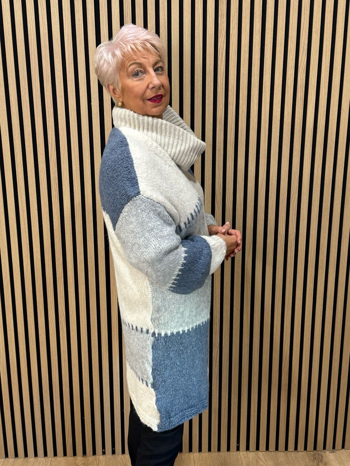 Patchwork Longline Cardigan - Blue/Cream