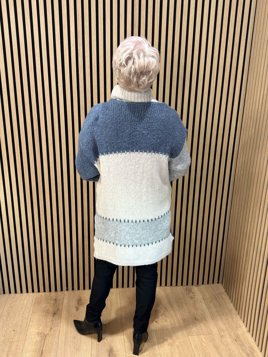 Patchwork Longline Cardigan - Blue/Cream