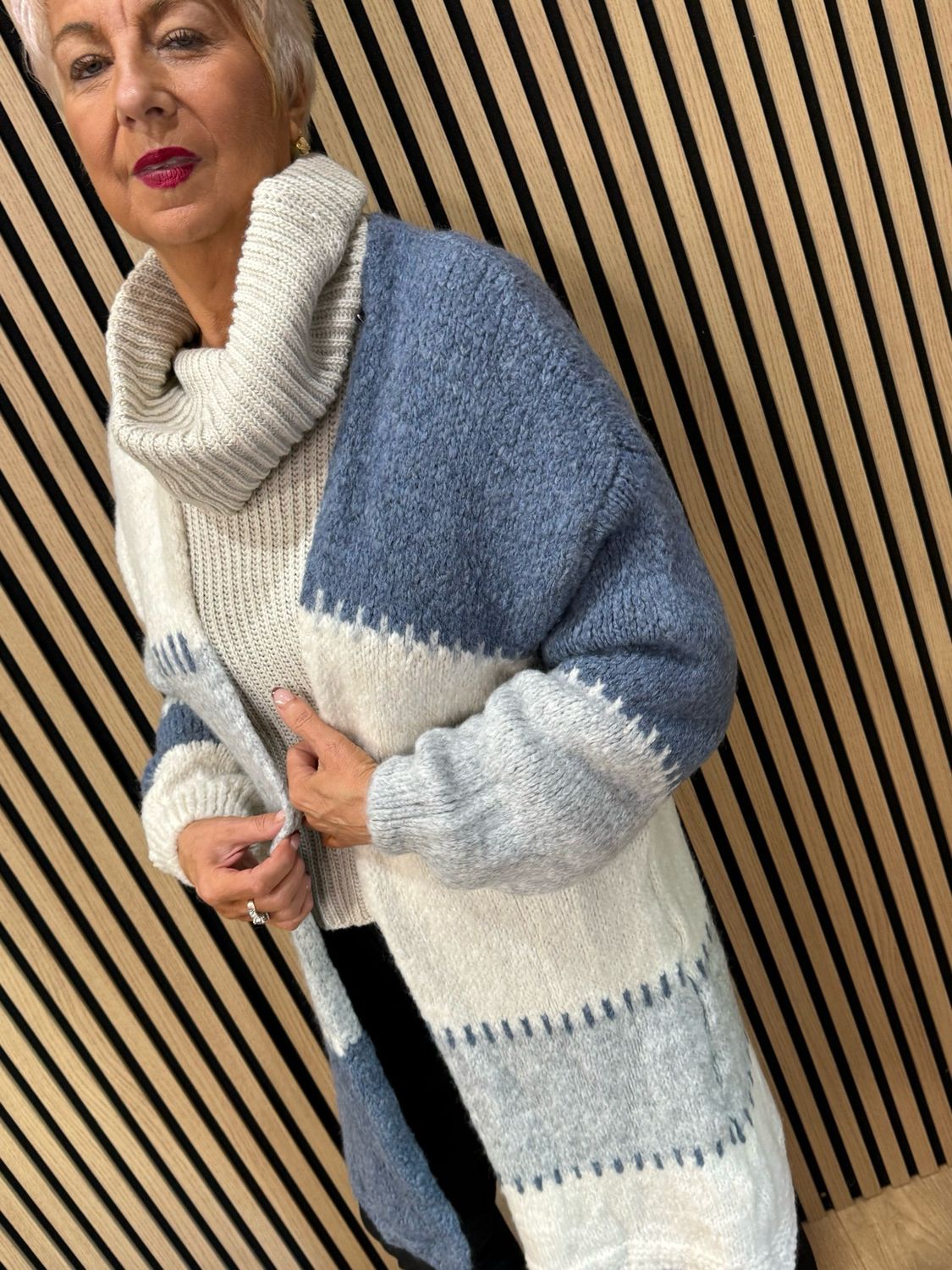 Patchwork Longline Cardigan - Blue/Cream