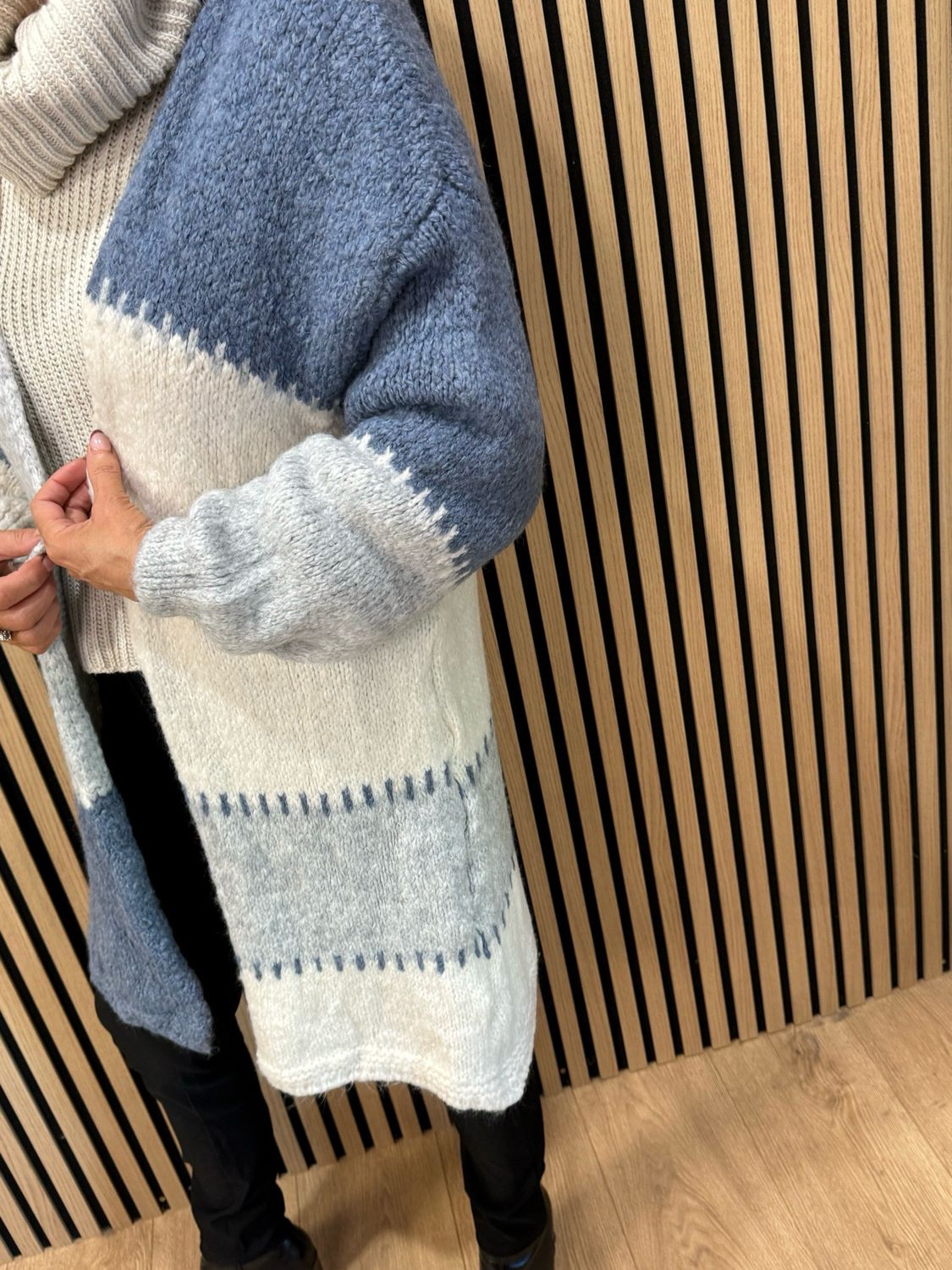 Patchwork Longline Cardigan - Blue/Cream