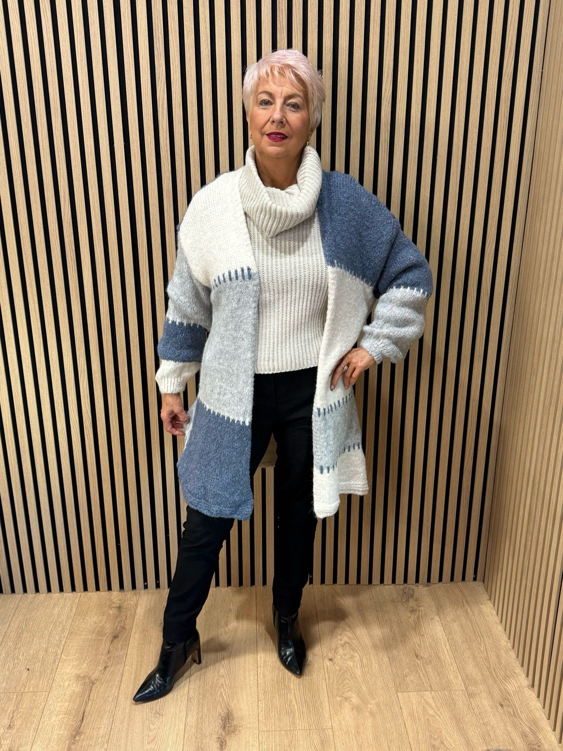 Patchwork Longline Cardigan - Blue/Cream