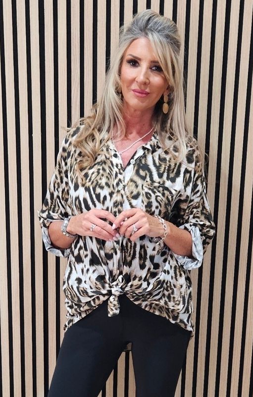 Leopard Tie Front Blouse