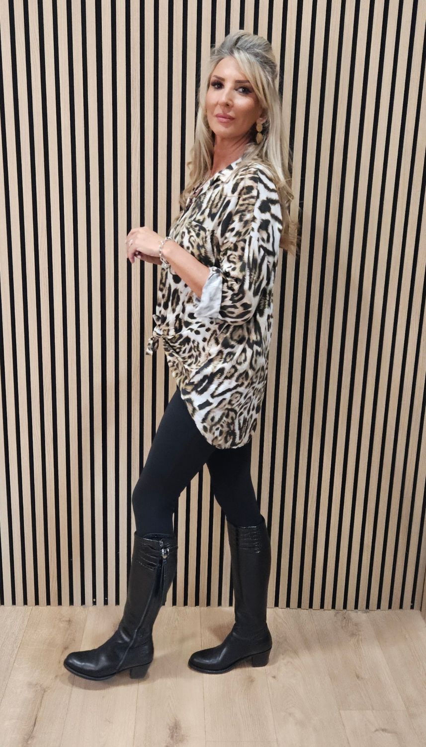 Leopard Tie Front Blouse