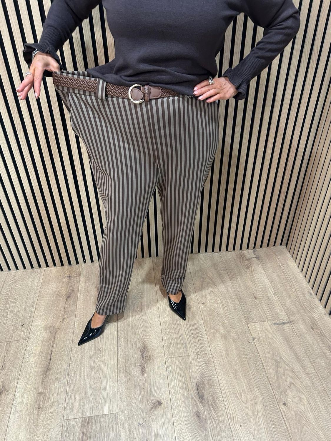 Striped Stretch Trousers - Taupe