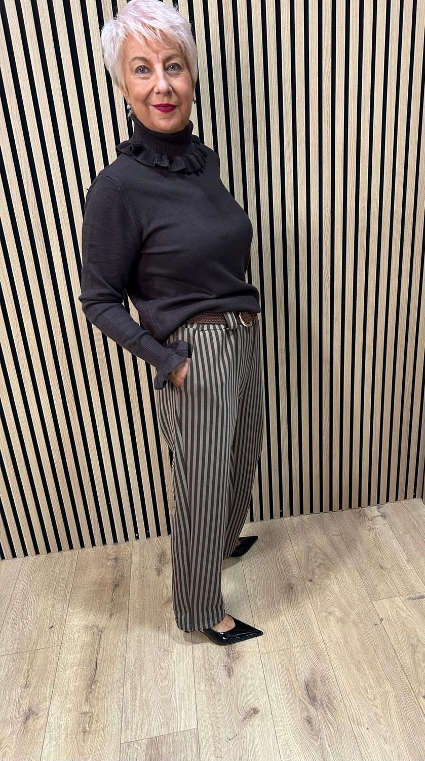 Striped Stretch Trousers - Taupe