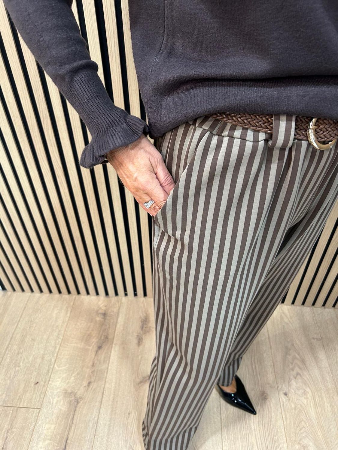 Striped Stretch Trousers - Taupe