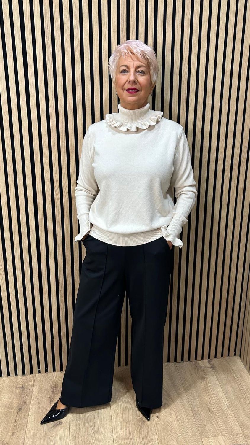 Frill Neck &amp; Cuff Jumper - Cream