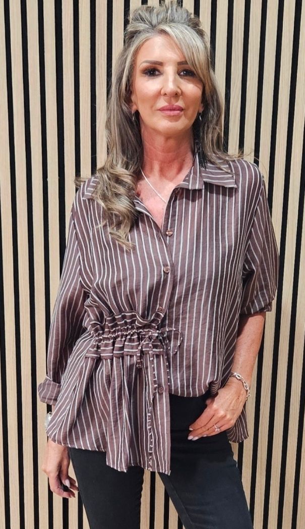 Premium Pinstripe Ruched-Waist Blouse – Brown