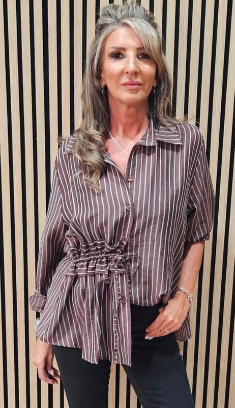 Premium Pinstripe Ruched-Waist Blouse – Brown