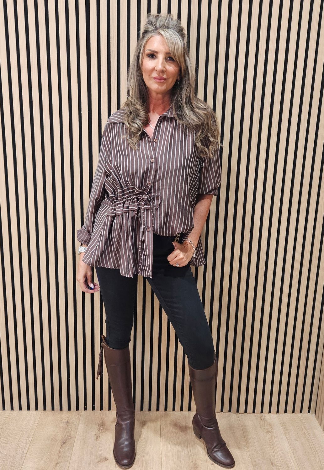 Premium Pinstripe Ruched-Waist Blouse – Brown