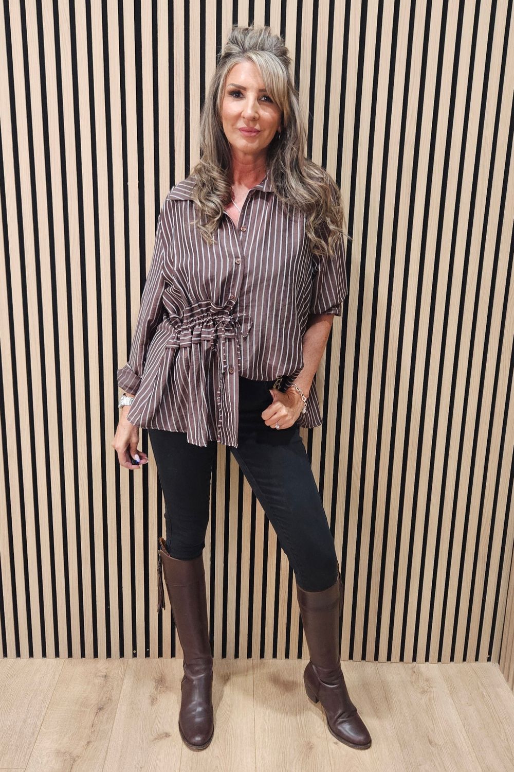 Premium Pinstripe Ruched-Waist Blouse – Brown