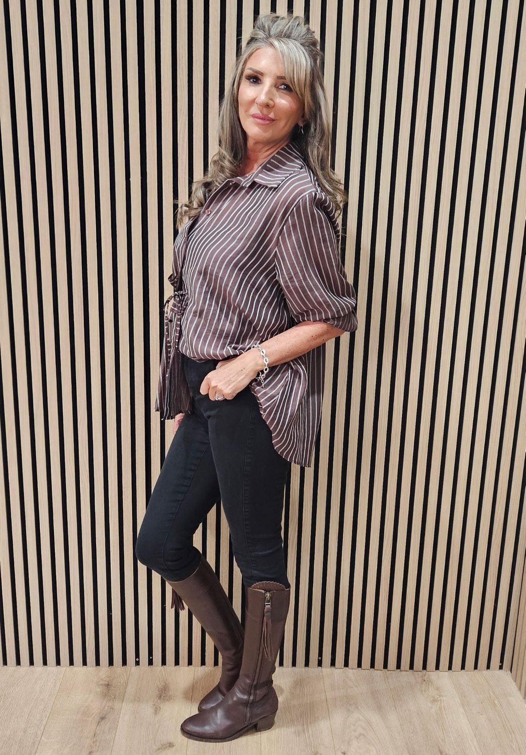 Premium Pinstripe Ruched-Waist Blouse – Brown