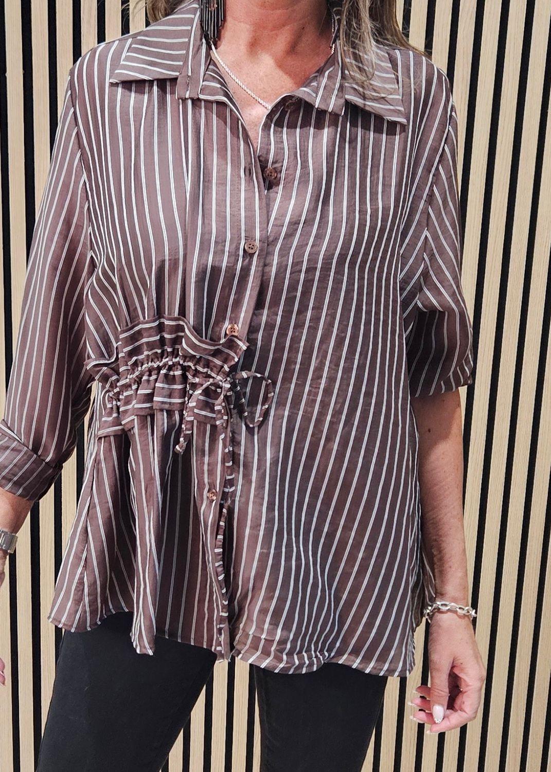 Premium Pinstripe Ruched-Waist Blouse – Brown