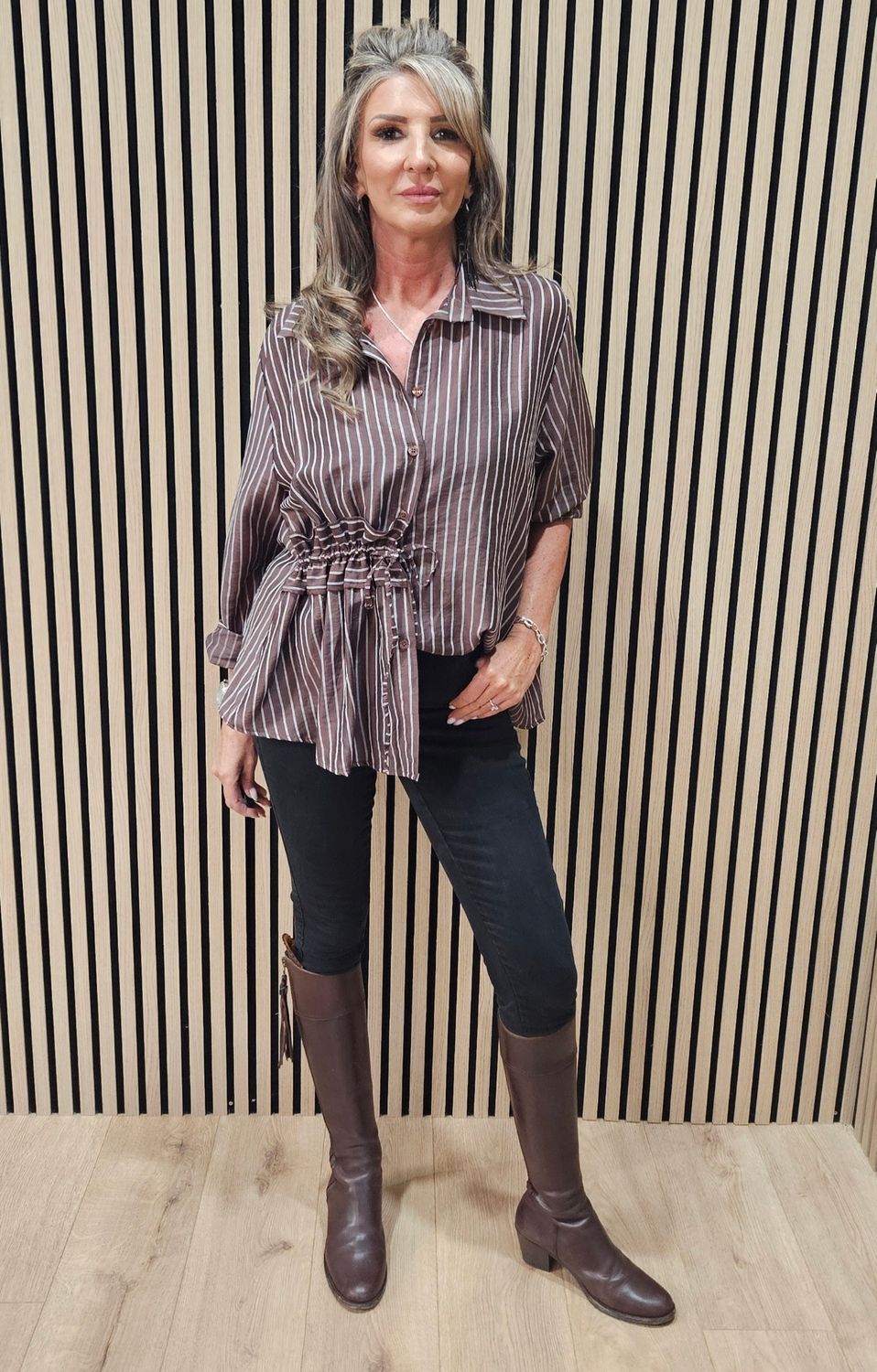 Premium Pinstripe Ruched-Waist Blouse – Brown