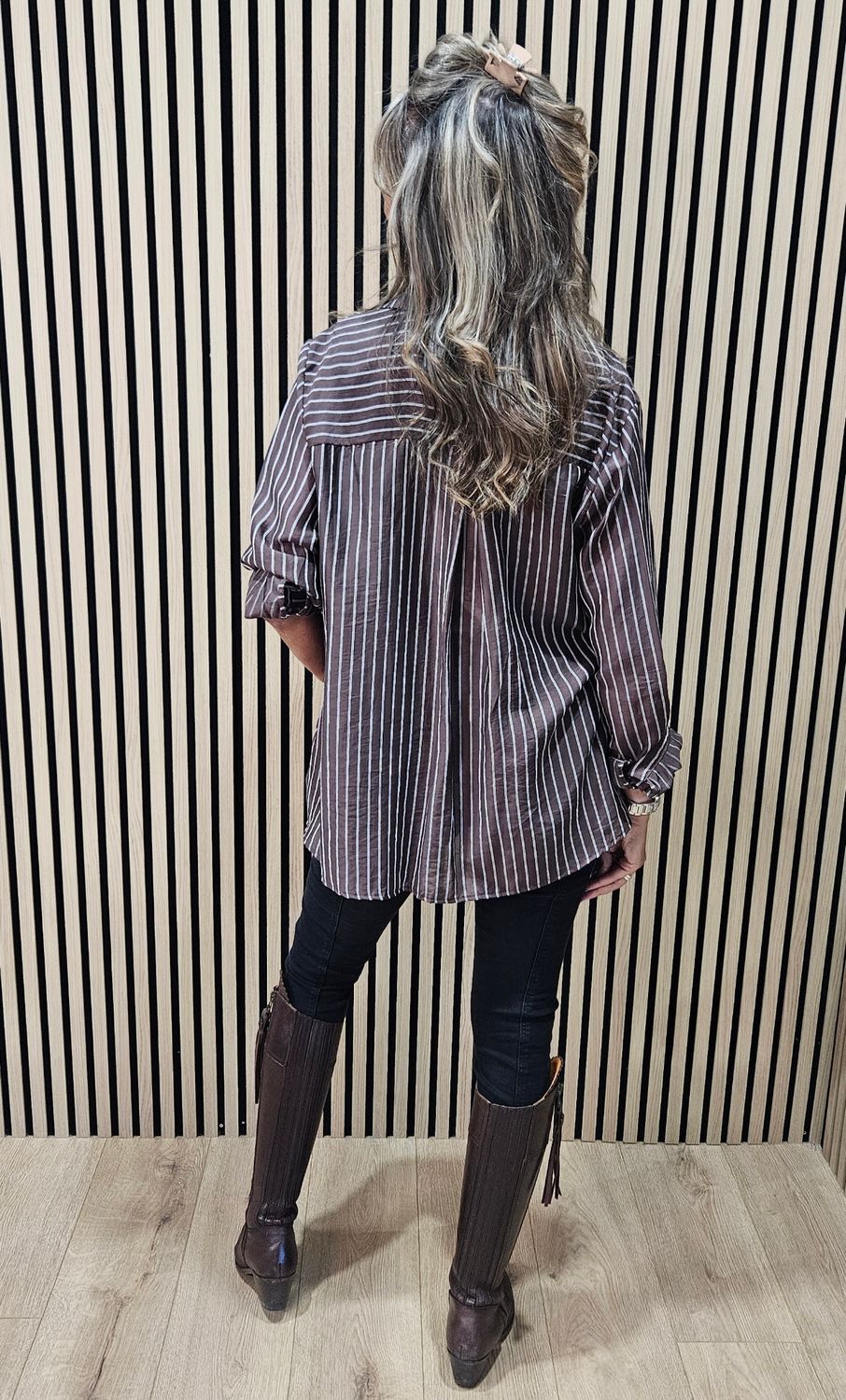 Premium Pinstripe Ruched-Waist Blouse – Brown