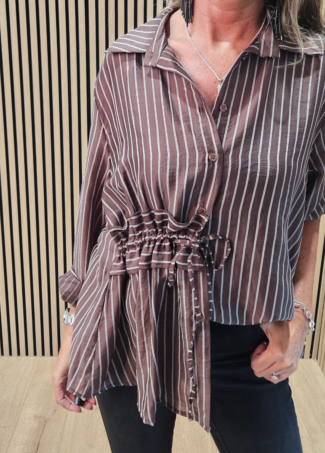 Premium Pinstripe Ruched-Waist Blouse – Brown