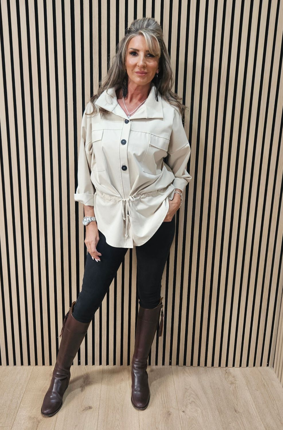 Drawstring-Waist Utility Top – Stone