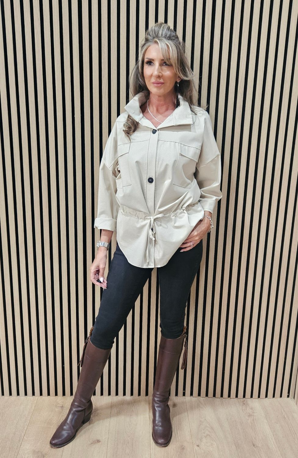Drawstring-Waist Utility Top – Stone