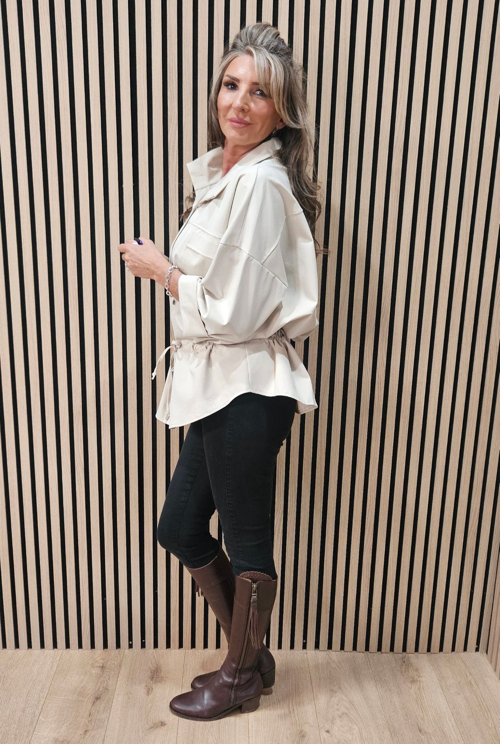 Drawstring-Waist Utility Top – Stone