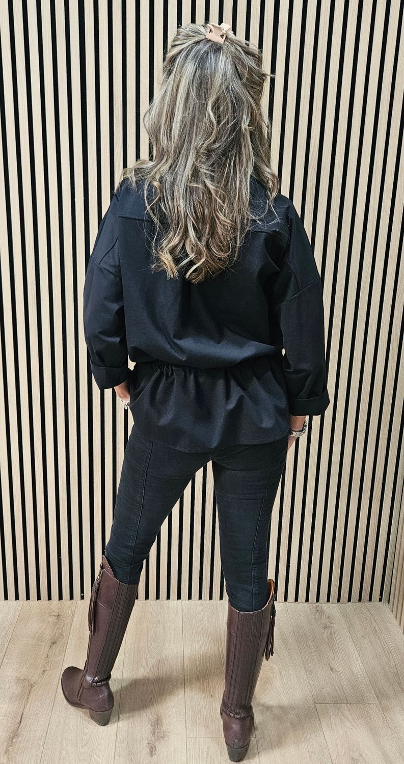 Drawstring-Waist Utility Top – Black