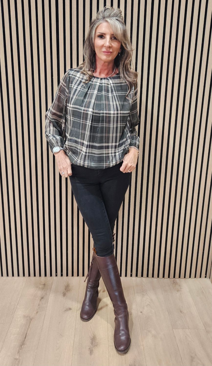 Check-Print Layered Top – Khaki