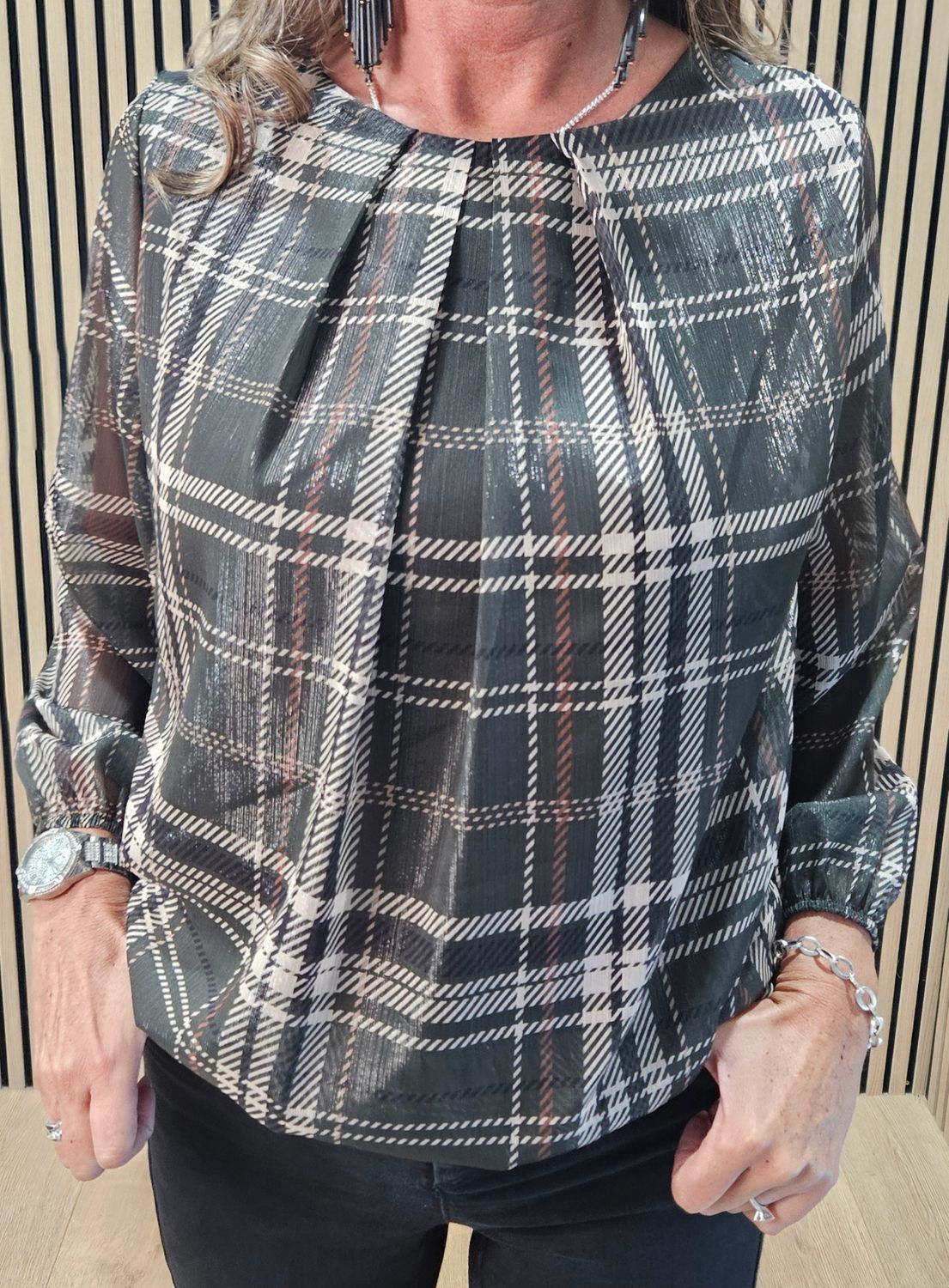 Check-Print Layered Top – Khaki